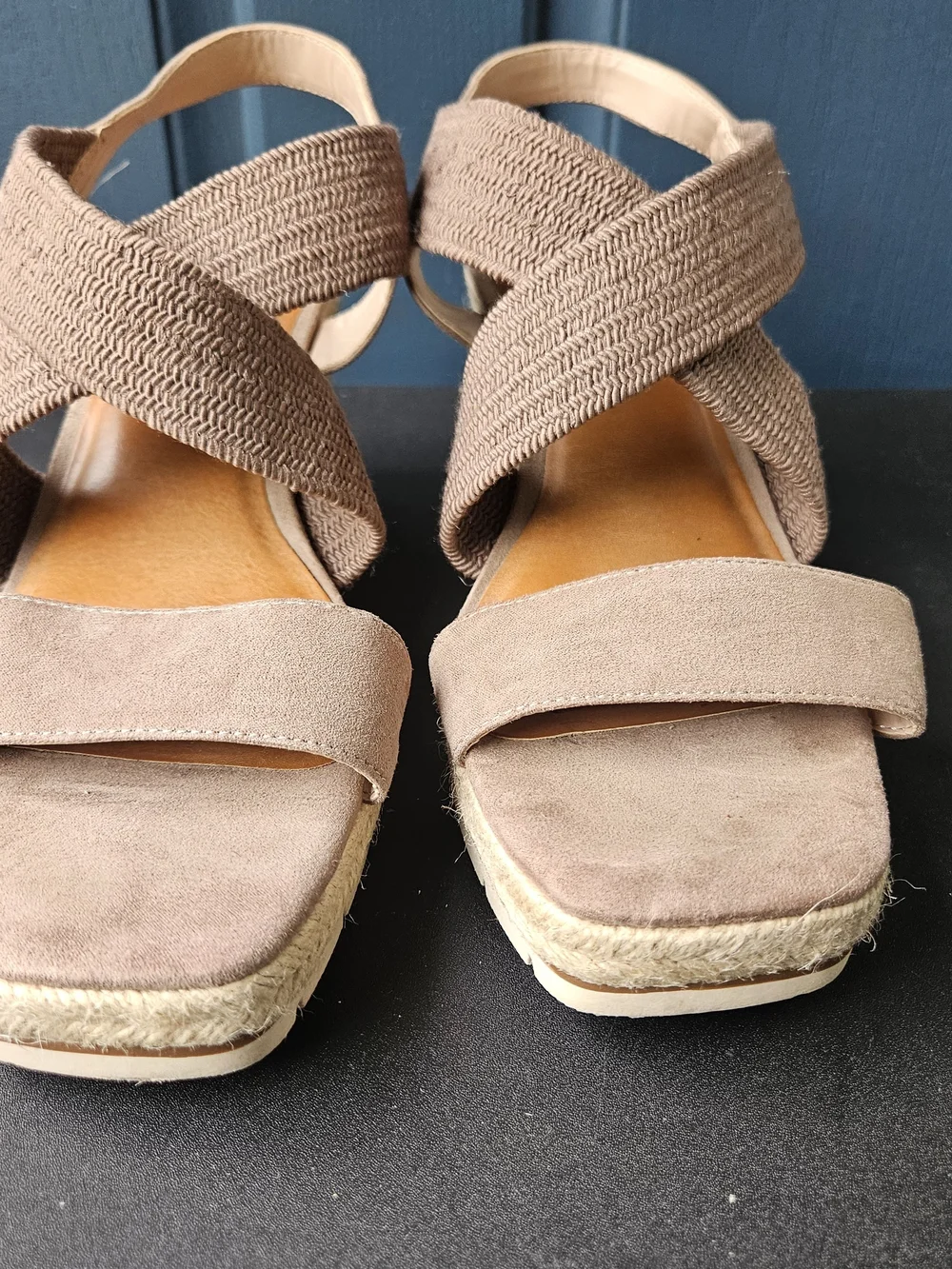 Kelly & Katie Taupe Crisscross Stretchy Straps Espadrille Wedge Sandals